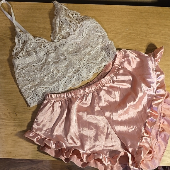 Lace Bralette and Satin Shorts Set - Cream and Pink - Picture 1 of 2